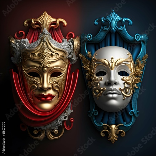 victorian theater masks highly detailed 4k 8k hyper realistic spotlight very bright vibrant colors 