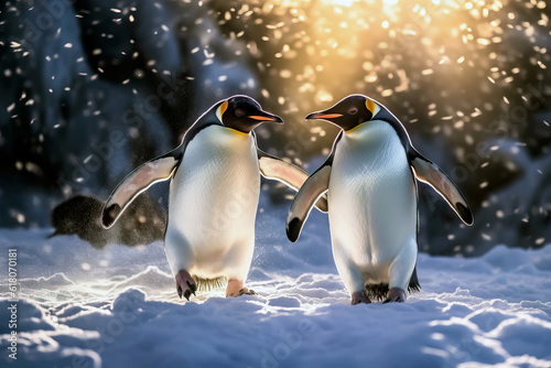 Beautiful and endearing image of a king penguin couple in love walking hand in hand at sunrise. Amazing Wildlife. Generative Ai