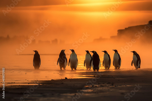 Beautiful image of emperor penguins walking on the beach at sunset. Amazing Wildlife. Generative Ai