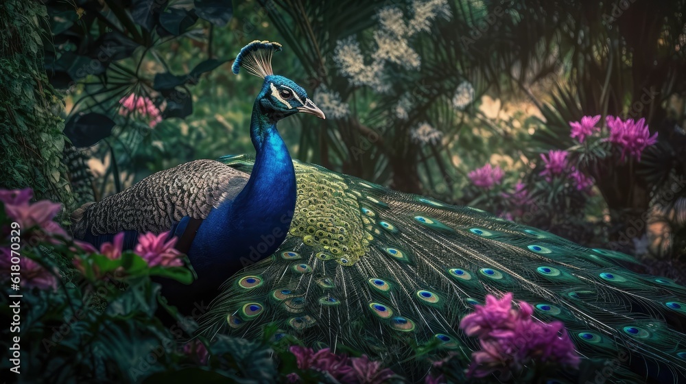 Fototapeta premium Watercolor peacock with flowers