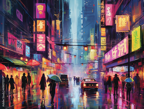Bustling cityscape at night, with towering skyscrapers adorned with vibrant neon lights that reflect off the rain-soaked streets below.
