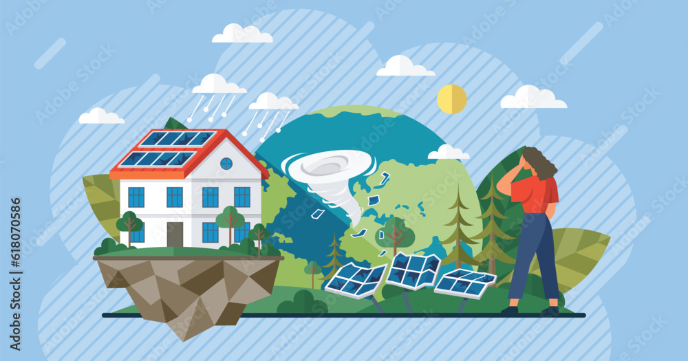 Solar panel with sun power photovoltaic PV home system renewable electric energy technology house, cell, battery, vehicle, aircraft and spacecraft. Solar panel destroyed after tornado. Climate change Solar panel with sun power photovoltaic PV home system renewable electric energy technology house, cell, battery, vehicle, aircraft and spacecraft. Solar panel destroyed after tornado. Climate change