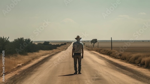 AI generated illustration of an alone person walking through a road in a deserted area © Soenke2/Wirestock Creators