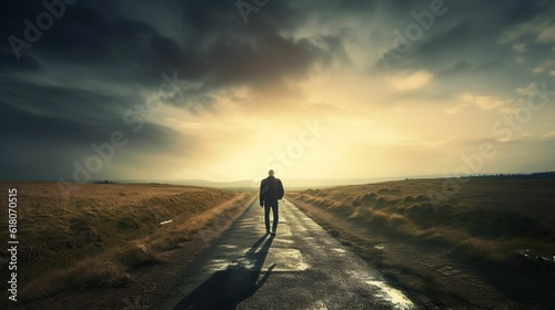 AI generated illustration of an alone person walking through a road in a deserted area