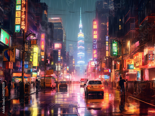 Bustling cityscape at night  with towering skyscrapers adorned with vibrant neon lights that reflect off the rain-soaked streets below.