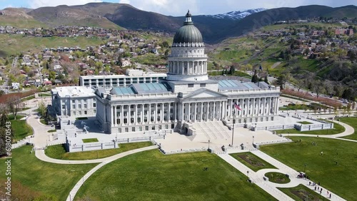 Top cinematic aerial view to the Capitol in Salt Lake City. 4K drone footage. Panoramic view to the Capitol Hill.Utah State Capitol building, is an elevated county. photo
