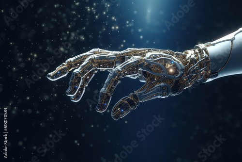 Close up image of cyborg hand, anthropomorphic hand, metal and wires. Futuristic digital age, robotics, digital technologies, scientific and technological progress. Blurred blue background.