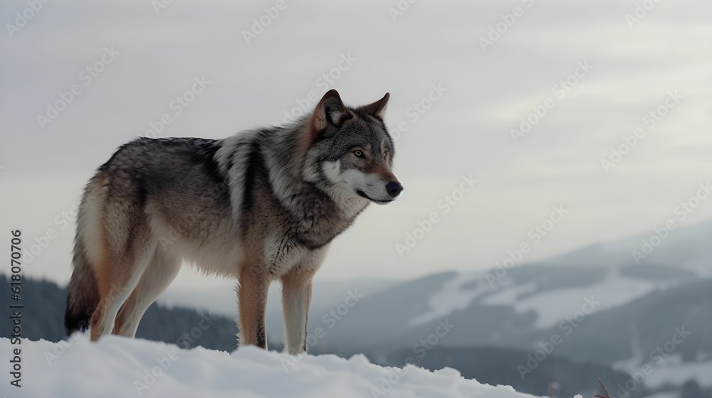 AI generated illustration of a majestic wolf stands atop a snowy mountain