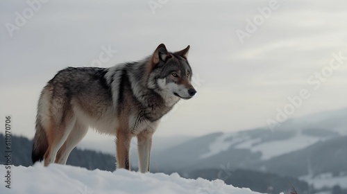 AI generated illustration of a majestic wolf stands atop a snowy mountain © Triz907/Wirestock Creators
