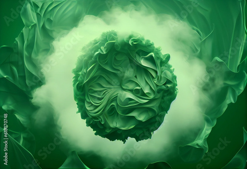 A green and white background with smoke in the middle of the image and a white background. Generative AI