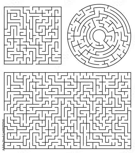 Labyrinth game black set with eight isolated maze schemes of various shape on blank background vector illustration
