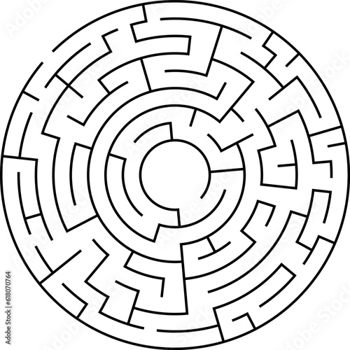 Circle maze, labyrinth, round puzzles games. Circular black game and icon of maze, labyrinth in line on background for kids solution. Vector. Logos of abstract simple riddle patterns illustration.