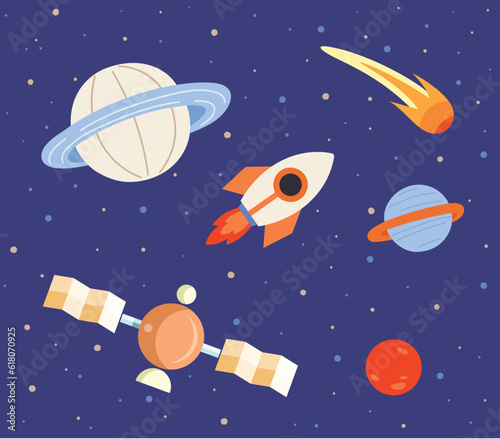 Rocket and planets on blue background. Spaceship flying among celestial objects and stars. Cute astronomical shapes, cosmic design elements. Sky landscape with flying rocket and heavenly bodies