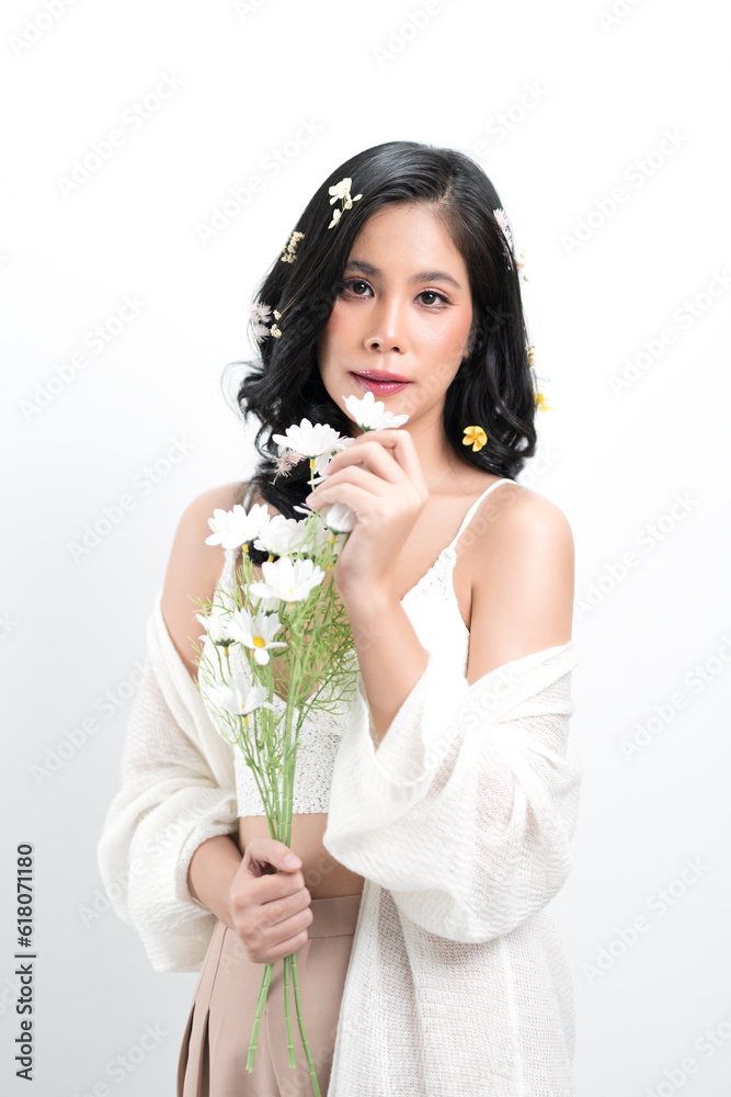 Beauty shot of Cheerful Asian Woman with a Captivating Smile : Fashion and Glamour on a White Background Beauty shot of Cheerful Asian Woman with a Captivating Smile : Fashion and Glamour on a White Background
