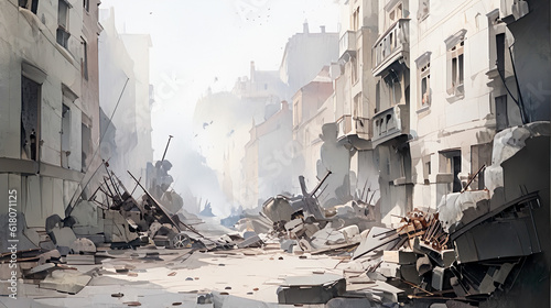 Fotografie, Obraz 戦争で破壊された街の水彩イラスト　Generative AI