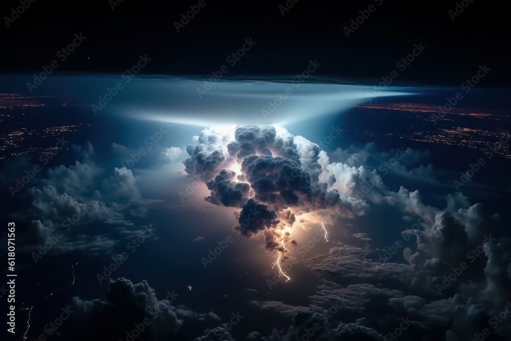 Aerial view of a stormy night sky over the sea. Severe thunderstorm, cumulonimbus clouds and lightning. Colorful dramatic majestic landscape with sea horizon. Dark blue sky with amazing clouds.