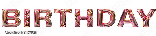 realistic isolated Pink gold balloon text of Birthday on the transparent background. Concept of celebration and happy birthday holiday.