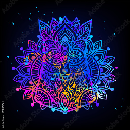 Bear Mandala space. Psychedelic pattern. Vector illustration. Zen Boho art. Decorative mystical, hippie, hallucination psilocybin 60s 70s