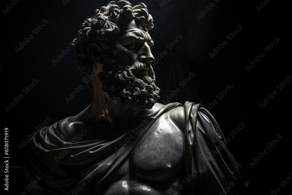 the stark contrast between light and shadow, with a stoic figure illuminated in the midst of darkness, symbolizing the stoic's ability to find clarity, wisdom, and virtue even in t Generative AI