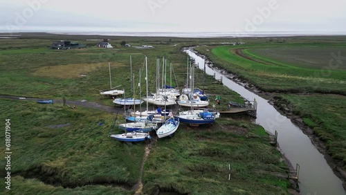 Aerial footage of boats moored inland at Gibraltar Point near Skegness