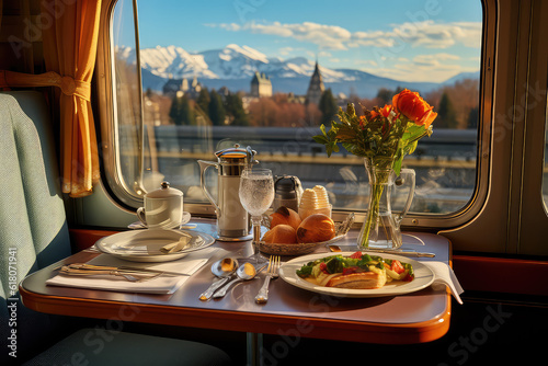 A restaurant in a train with a beautiful view outside the window. Dining car, vagon restaurant. A table with delicious food and wine. Generative AI professional photo imitation.