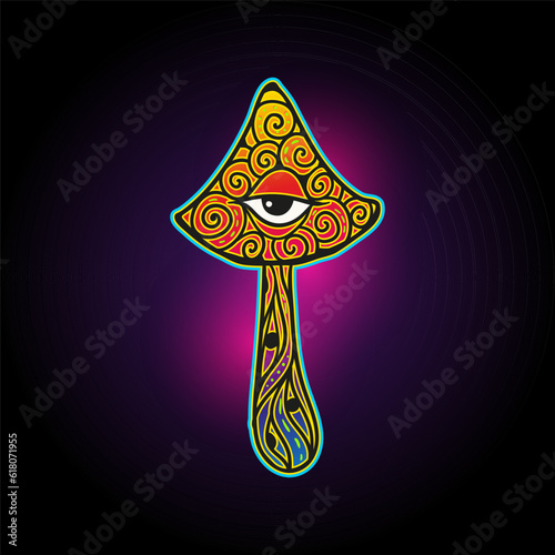 Magic Mushrooms. Psychedelic poster fluorescent, neon.Vector illustration. Zen art. Decorative mushrooms, hippie, hallucination psilocybin 60s 70s