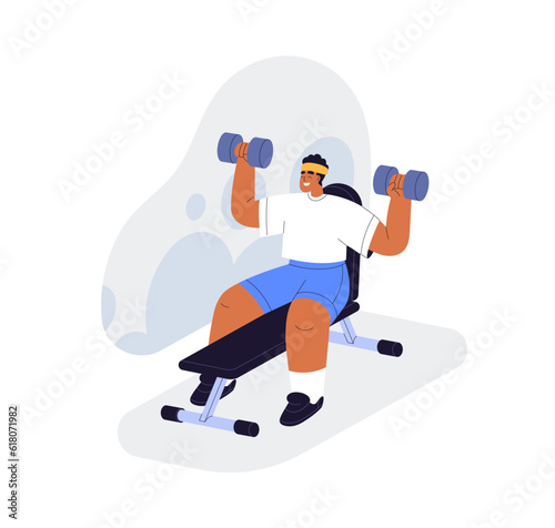 Happy person doing seated dumbbell press on bench in gym. Man training, exercising with weights. Shoulder and arms muscles workout. Flat graphic vector illustration isolated on white background