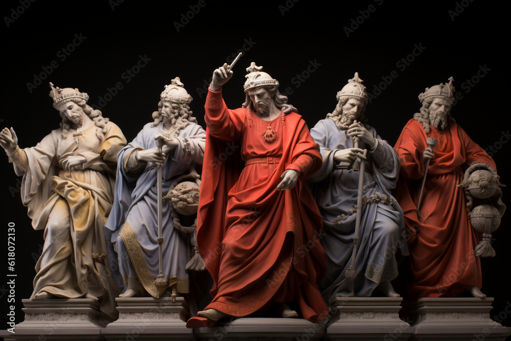 A series of sculptures depicting the cardinal virtues of Stoicism - wisdom, courage, justice, and temperance - symbolizing the ethical framework that Stoics embraced in their pursu Generative AI