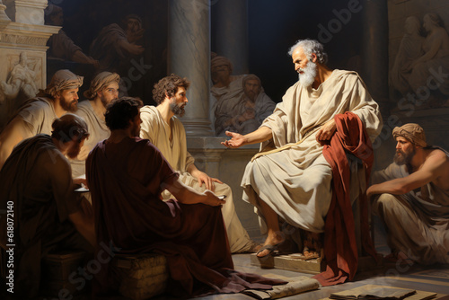 A mural depicting Zeno of Citium, the founder of Stoicism, engaged in philosophical discussions with his disciples, showcasing the birth of the Stoic school of thought. Generative AI