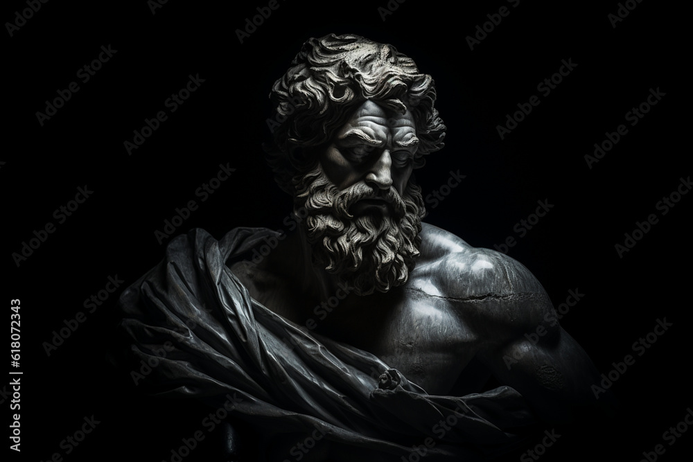 the stark contrast between light and shadow, with a stoic figure illuminated in the midst of darkness, symbolizing the stoic's ability to find clarity, wisdom, and virtue even in t Generative AI