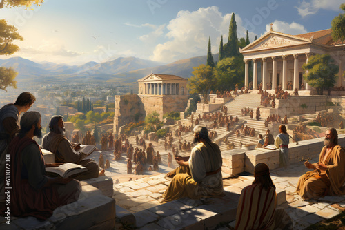 An artistic representation of the Stoa Poikile, the painted porch in Athens where Stoic philosophers would gather to discuss their ideas and teachings, capturing the essence of the Generative AI