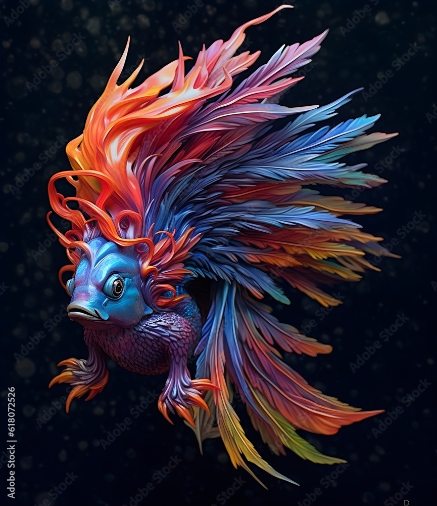 An underwater creature with colorful feathers on its back. Fish, creature, feather, ancient, dragon, deep sea. Created with Generative AI Technology. An underwater creature with colorful feathers on its back. Fish, creature, feather, ancient, dragon, deep sea. Created with Generative AI Technology.