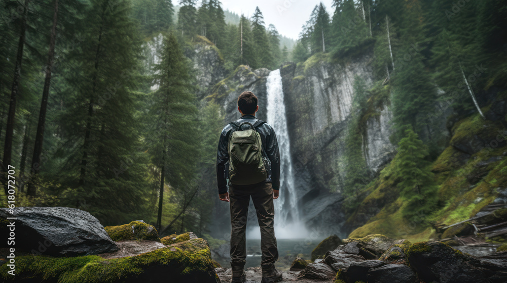 Young Man in Hiking Gear Standing on a Rock Looking Towards a Waterfall in a Conifer Forest Young Man in Hiking Gear Standing on a Rock Looking Towards a Waterfall in a Conifer Forest