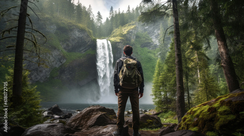 Young Man in Hiking Gear Standing on a Rock Looking Towards a Waterfall in a Conifer Forest