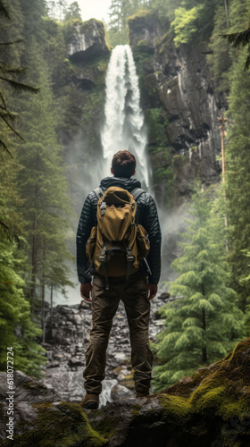 Young Man in Hiking Gear Standing on a Rock Looking Towards a Waterfall in a Conifer Forest