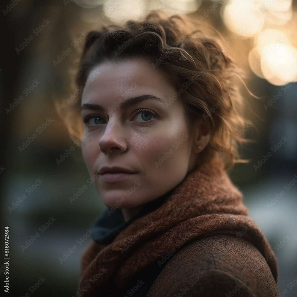 Natural, real person portrait and closeup of a woman, girl or female outside in nature or a forest. Artistic, edgy and cute or pretty face - AI generated Natural, real person portrait and closeup of a woman, girl or female outside in nature or a forest. Artistic, edgy and cute or pretty face - AI generated