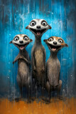 Portrait of a oil painting portrait of funny and happy suricates on blue background.