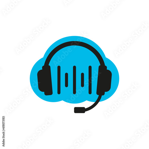 Headphones with microphone, sound waves and cloud storage.