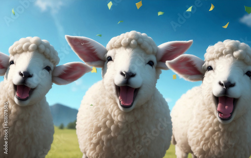 A laughing funny happy sheep, Generative AI Illustration.