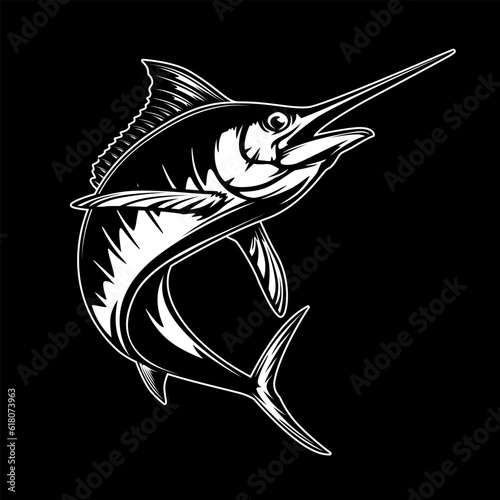 Marlin fishing logo vector; illustration. Swordfish fishing emblem isolated. Ocean fish logo. Saltwater fishing theme.
