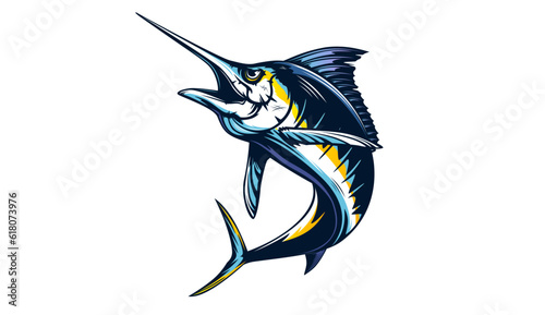 Marlin fishing logo vector; illustration. Swordfish fishing emblem isolated. Ocean fish logo. Saltwater fishing theme.