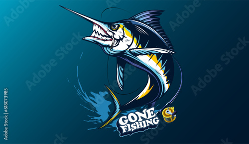 Marlin fishing logo vector; illustration. Swordfish fishing emblem isolated. Ocean fish logo. Saltwater fishing theme.