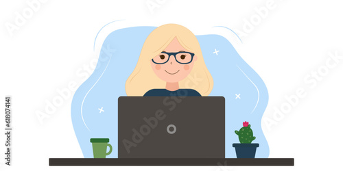 Blonde woman in glasses sitting at a desk with a laptop. Vector illustration.