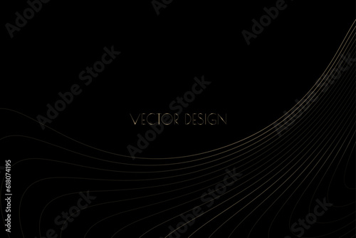 Vector abstract black premium background with golden curved deformed stripes, lines. Modern luxurious elegant backdrop in dark color for exclusive posters, banners, invitations, business cards. photo