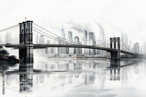 A minimalist representation of the Brooklyn Bridge, utilizing simple geometric forms and clean lines to depict its distinctive arches and cables, resulting in a sleek. Generative AI technology.