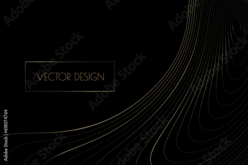 Vector abstract black premium background with golden curved deformed stripes, lines. Modern luxurious elegant backdrop in dark color for exclusive posters, banners, invitations, business cards.