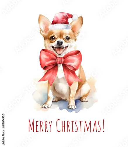 Watercolor Christmas chihuahua. Xmas cute dog in hat, tie and bow. Merry Christmas chihuahua. AI generated. © Берилло Евгения