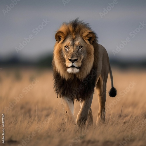 AI generated illustration of a majestic lion strides confidently through a vast open field