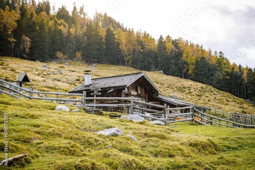 an old wooden house nestled in the woods by the fence