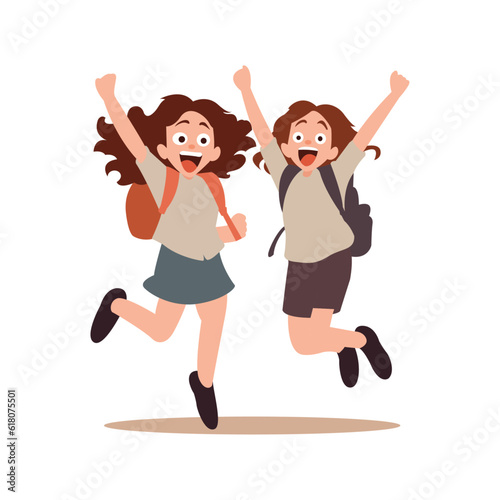 happy student girls jumping and enjoying together happy friendship day using vector illustration art